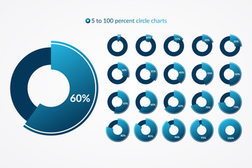 5 10 15 20 25 30 35 40 45 50 55 60 65 70 75 80 85 90 95 100 percent pie chart icon set. Percentage vector infographic symbol. Circle diagram for business, download