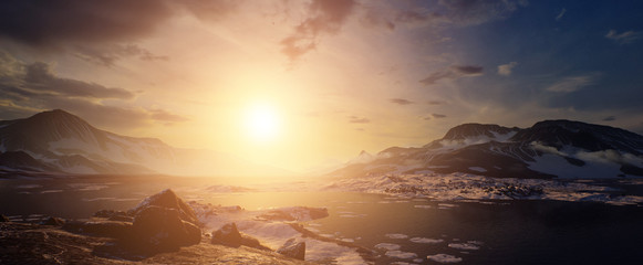 Arctic sunset 3D environment. Mountains, rocks and sea make up the landscape