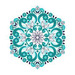 Vector colorful mandala. Ethnic indian kalamkari ornament in hexagon shape. Floral paisley decorative pattern