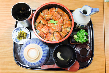 Set of grilled Japanese eel with sauce on rice, Japanese cuisine