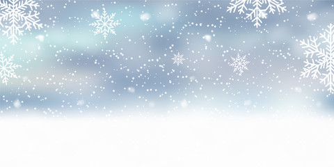 Xmas background with snowflakes on blue sky. Vector - obrazy, fototapety, plakaty