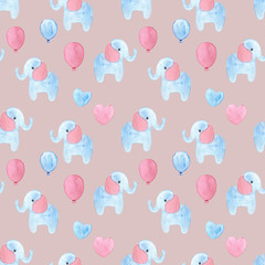 Watercolor hand painted cute blue and pink cartoon elephant with balloon seamless pattern - wallpaper, wrapping paper