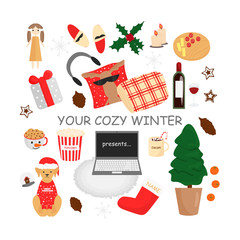 Vector Illustration of Hygge Winter Elements Set isolated.Cute Scandinavian Lifestyle Objects for Marathon of Christmas Movies.Usable for Greeting Card with Cozy Things like Coverlet, Food, Drink 