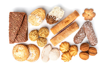 Different types of cookies isolated on white background.