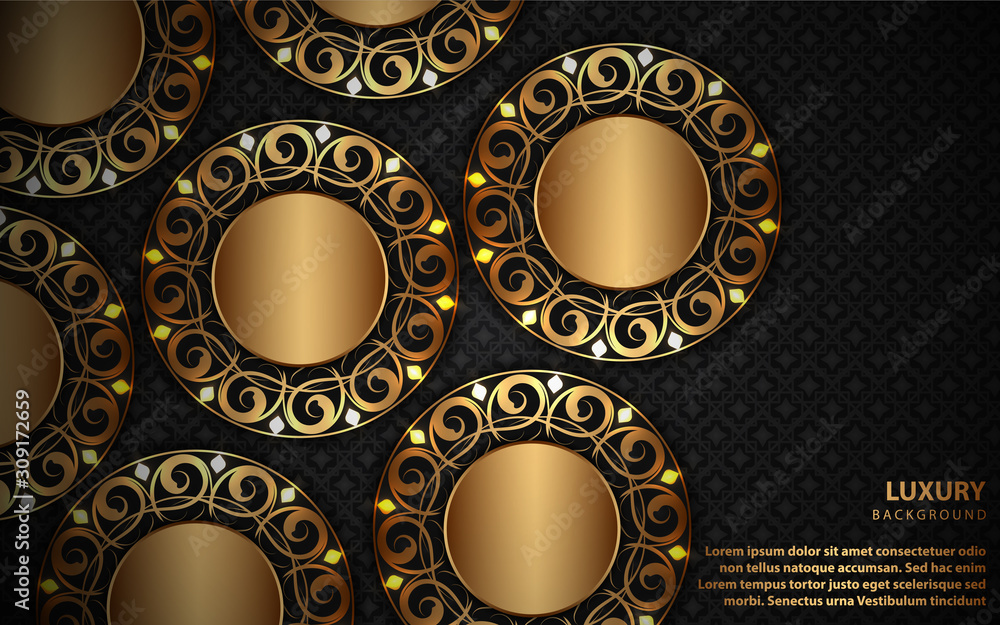Poster abstract black overlapping layers background a combination with golden texture mandala decoration. d