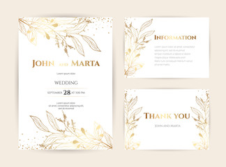 Fototapeta na wymiar Wedding Invitation with Gold Flowers. background with geometric golden frame. Cover design with an ornament of golden leaves.Trendy templates for banner, flyer, poster, greeting. eps10