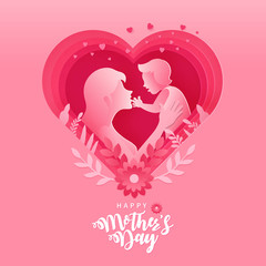 Happy Mother's day. Greeting card illustration of mother and baby   inside paper cut pink heart shape