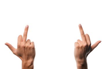 cropped view of woman showing middle fingers isolated on white - obrazy, fototapety, plakaty