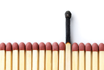 Burned out match distinguished from plenty new intact fellows on white background