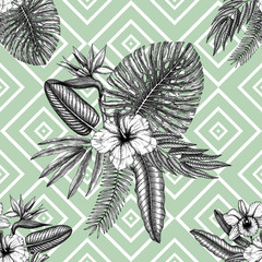 Tropical flowers vector background. Seamless pattern with exotic flowers and palm leaves geometric elements. Botanical trendy illustration. Collage.