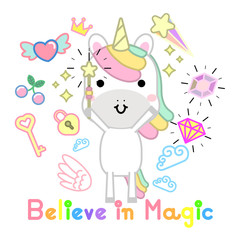 Cute magical unicorn and fairy elements collection and lettering quote believe in magic. Kawaii character design perfect for child card, t-shirt. girls, kid. magic concept. Vector illustration.