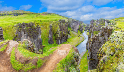 Picture of primeval canyon of Fjaðrárgljúfurn in Southern Iceland in summer