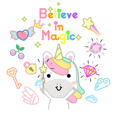 Obraz na płótnie Canvas Cute magical unicorn and fairy elements collection and lettering quote believe in magic. Kawaii character design perfect for child card, t-shirt. girls, kid. magic concept. Vector illustration.