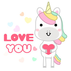 Cute magical unicorn holding red heart and lettering quote love you , Kawaii character design perfect for child card, t-shirt. girls, kid. magic concept. Vector illustration
