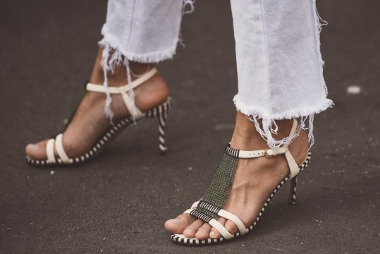 September 22, 2018: Milan, Italy -  Fancy And Fashionable Shoes In Detail During Milan Fashion Week - Street Style Concept - MFWSS19