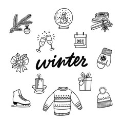 Hand drawn collection of winter attributes. Christmas set. Illustrations of skate, glass ball, bow, candle, glasses of champagne, cinnamon, hat, sweater, calendar, gift, mitten, spruce branch.