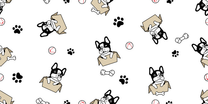 dog seamless pattern french bulldog vector box paw footprint bone baseball pet toy scarf isolated cartoon repeat background tile wallpaper illustration white design