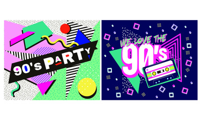 Retro party poster. Music of the nineties, vintage cassette tape and 90s style. invitation card dancing party time advertisement poster background illustration, Vector illustration in trendy 80-90s st