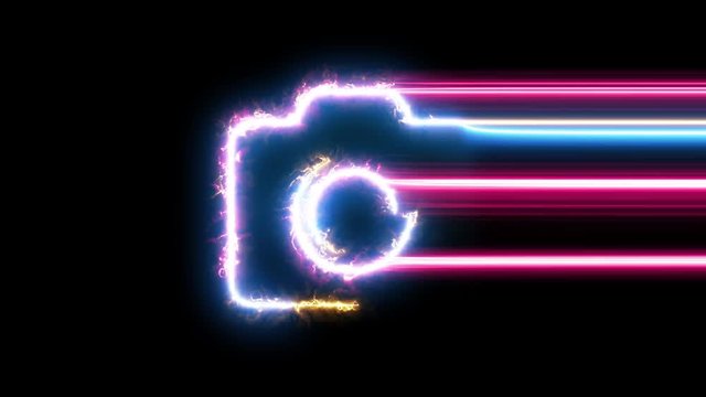 Photo camera symbol reveal. Blue, yellow, pink colors smoothly shimmer and form a neon electric number. Glowing motion wipes to center. 4K 60 fps video render footage.