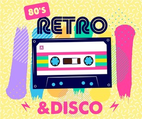Retro party poster. Music of the nineties, vintage cassette tape and 90s style. invitation card...