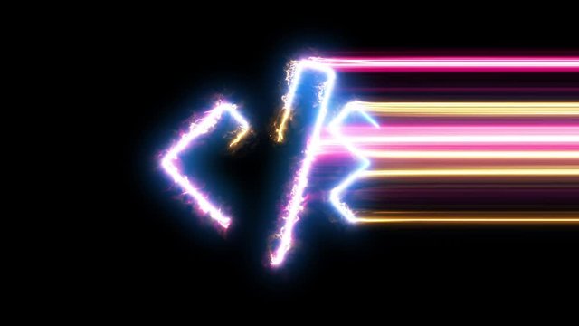 Code symbol reveal. Blue, yellow, pink colors smoothly shimmer and form a neon electric number. Glowing motion wipes to center. 4K 60 fps video render footage.