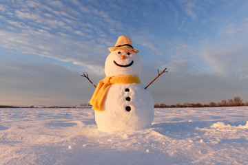 Funny snowman in stylish hat and yellow scalf on snowy field. Merry Christmass and happy New Year!