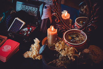 Magic scene, Mystical atmosphere, view of tarot card on the table, esoteric concept, fortune...