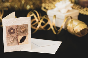 Card, Golden Christmas Ribbon and Gift Box