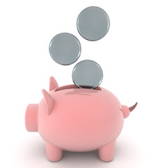 3D Rendering of coins being inserted in piggy bank