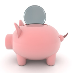 3D Rendering of coin being inserted in piggy bank