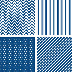 Set of vector seamless patterns in classic blue color. Striped, chevron, polka dots backgrounds