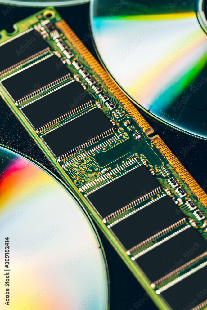 Poster green circuit board of a computer close up