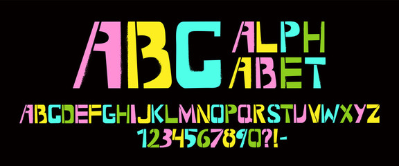 Stencil typeface with spray texture. Colorful vector uppercase characters on black background. Typography alphabet for your designs: logo, typeface, card