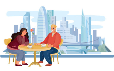 against the background of the big morning city, a guy and a girl are sitting, they have a date or a business meeting, breakfast, lunch, vector illustration