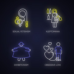 Mental disorder neon light icons set. Sexual fetishism. Kleptomania. Exhibitionism. Obsessive love. Steal alcohol. Possessive relationship. Glowing signs. Vector isolated illustrations