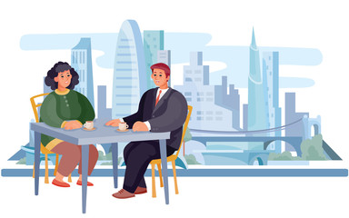 against the background of the big morning city, a guy and a girl are sitting, they have a date or a business meeting, breakfast, lunch, vector illustration