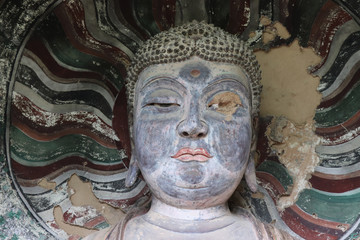 Maijishan Cave-Temple Complex in Tianshui , Gansu Province , China. Artistic treasures of Maiji Mountain caves. UNESCO World Heritage Site.