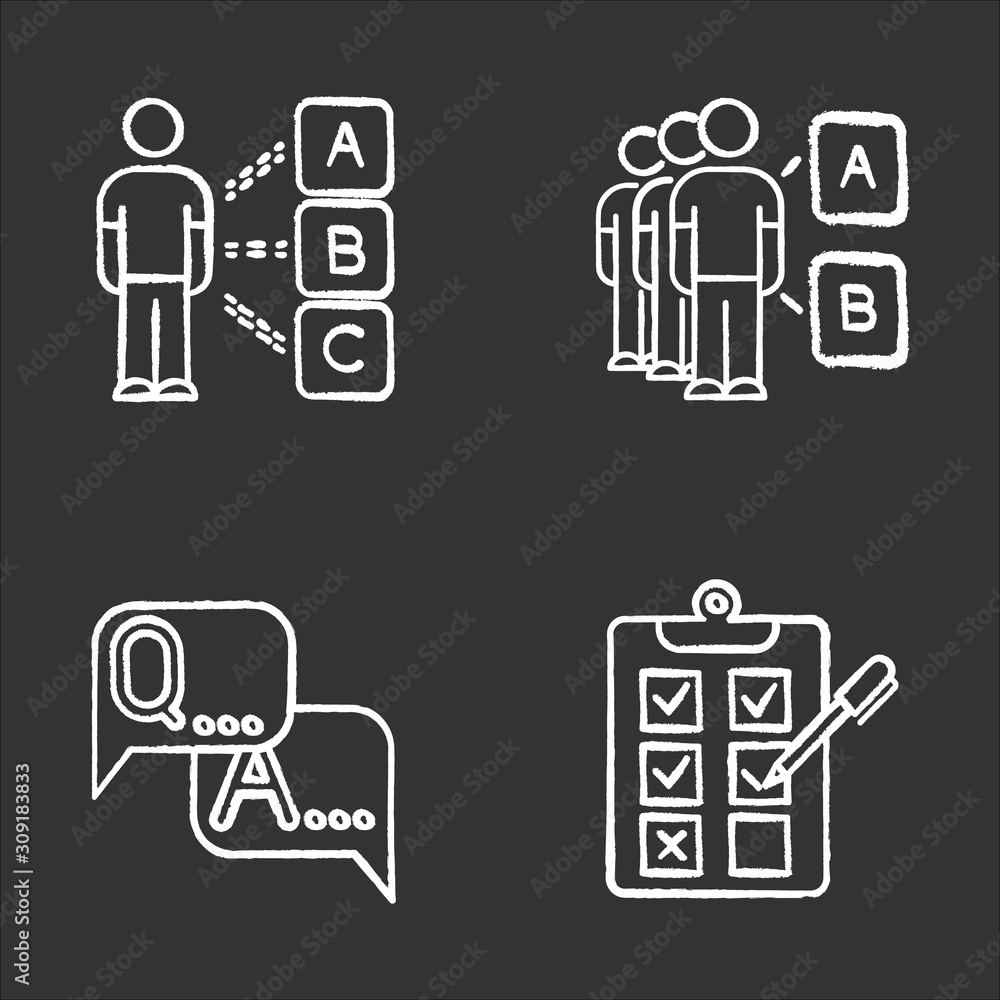 Aufkleber survey chalk icons set. personal questioning. social opinion. group test. faq sign. question and ans