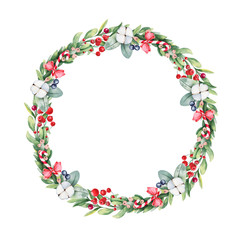 Watercolor Christmas wreath. Beautiful Winter round frame made from leaves, red berries, candy canes, ribbons and cotton flowers. Christmas greeting card. New Year greeting card.