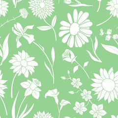 Flower background - Vector seamless pattern solid silhouettes of rose, tulip, chamomile, carnation, iris, callai, orchid, narcissus, sunflower, chrysanthemum and astra for graphic design