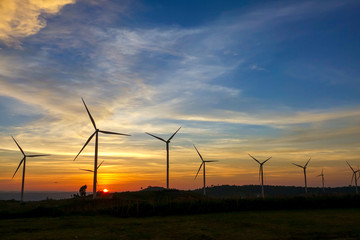 Wind turbine farm from clean energy. Wind power for electricity.