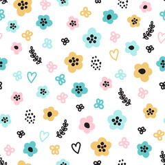 Cute seamless pattern with primitive naive art flowers in scandinavian minimal style
