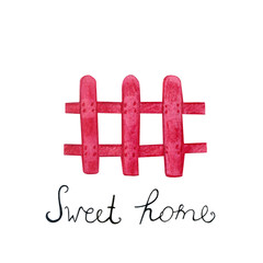 watercolor red fence. Cozy, sweet home