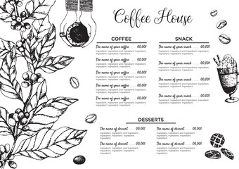 Stock vector template coffee house or restaurant menu. A beverage flyer for bar and cafe. Template with hand-drawn vintage illustration coffee and desserts on the white board.
