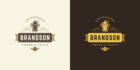 Coffee shop logo template vector illustration with grinder silhouette good for cafe badge design and menu decoration