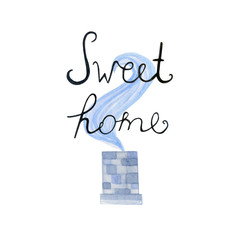  watercolor picture with chimney. Sweet home. Beautiful winter postcard design