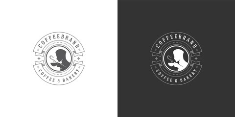 Coffee or tea shop logo template vector illustration with man holding mug silhouette good for cafe badge