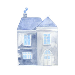 watercolor illustration with cozy home. Winter design exteriors. Cute street for postcars