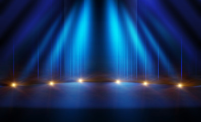 Empty dark abstract background. Background of empty show scene. Glow of neon lights on an empty...