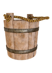 wood antique old bucket isolated over white background. Rural utensil belonging to the medieval age